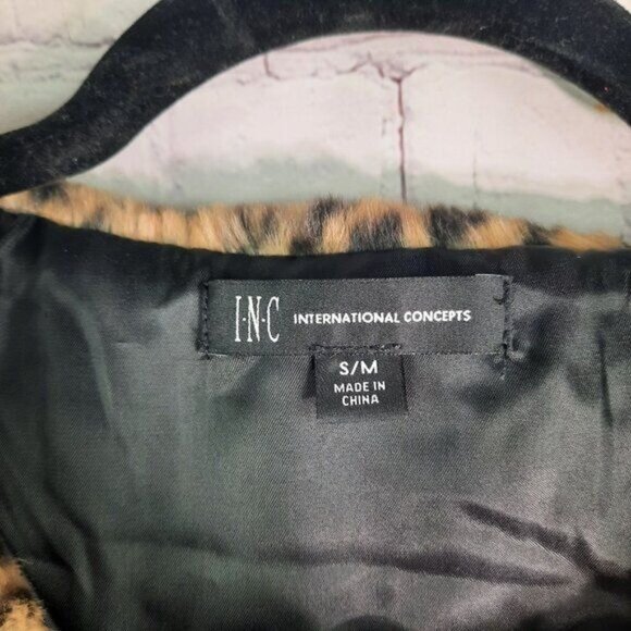 Inc Faux Fur Long Vest Women's Animal Print Leopard Tan Black - Picture 4 of 12